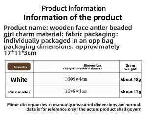 Detailed size and material specification sheet for wooden face antler girl hanging ornaments