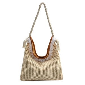 Stylish beige woven straw handbag with thick hemp rope straps and white lace trim