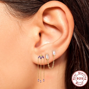 Luxurious S925 sterling silver tassel earrings with purple marquise cut crystals