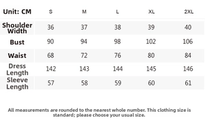 Tableau des tailles détaillé pour robe fleurie avec mesures du S au 2XL en cm