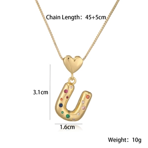 Detailed view of 18K gold plated U-letter pendant with dimensions and chain length specs