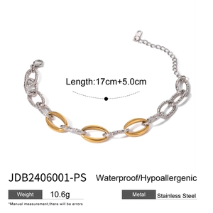 Two-tone stainless steel link bracelet with gold and silver hammered circles for women
