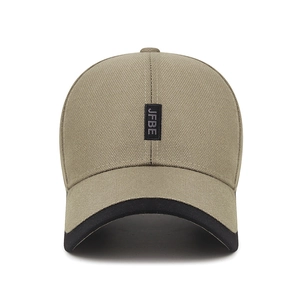 Khaki outdoor baseball cap with JFBE embroidery and black trim details on front