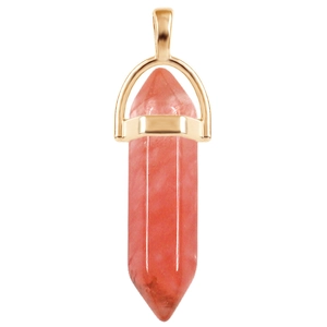 Detail of red hexagonal crystal column pendant with polished gold metal clasp