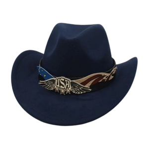 Detail of dark blue western cowboy hat featuring USA metal eagle badge and flag band