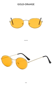 Front and side view of gold metal oval sunglasses with orange tinted lenses