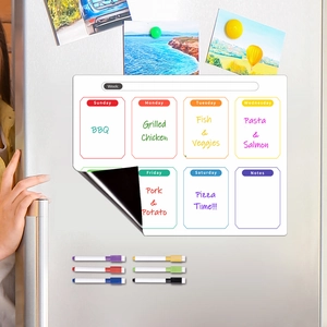 Magnetic weekly meal planner on fridge with eight colorful dry erase markers