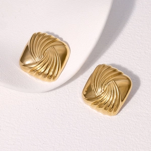 Square 18k gold plated stainless steel stud earrings with spiral textured pattern