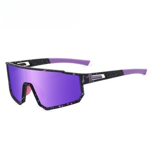 Close-up of cycling sunglasses with purple mirror lens and splash paint frame effect
