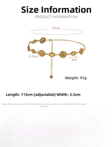Detailed dimension guide for golden vintage waist chain with adjustable 115cm length