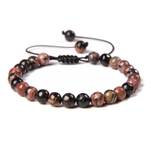 Adjustable black and pink natural stone bead bracelet with woven cord closure