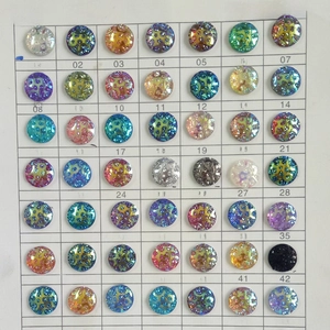 Detailed color chart of 14mm round fish scale resin rhinestones with 49 AB colors