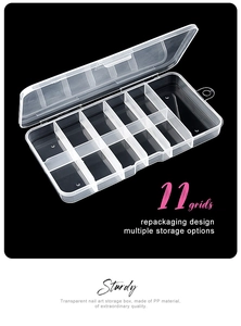 Detail view of 11-grid translucent plastic storage box for nail art tools and small jewelry
