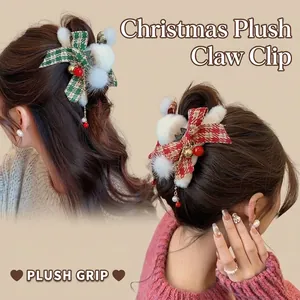 Christmas Hair Claw Clip Plush Faux Fur Plaid Bow Bell Tassel Festive Winter Hair Accessory For Women