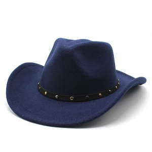 Retro dark blue wool felt cowboy hat with vintage metal studs and wide brim