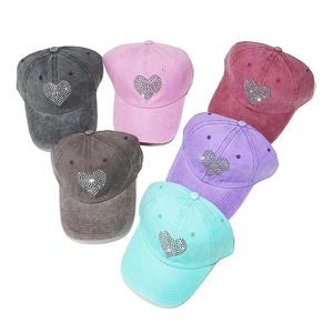 Set of six washed cotton baseball caps with rhinestone heart detail in multiple colors