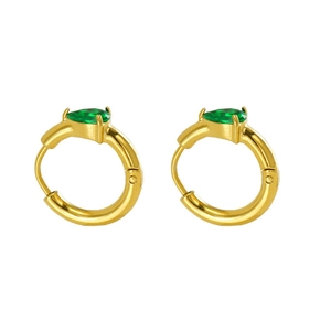 Close-up of gold hoop earrings with heart-shaped green zircon stones in a sleek design