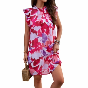 Robe sans manches élégante à imprimé floral avec épaules volantées et col montant