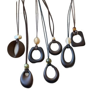 Boho vintage acrylic resin geometric pendant necklace with dark brown cord strap