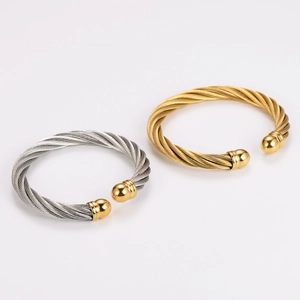 Minimalist stainless steel twisted cable open cuff bracelet in gold and silver finish