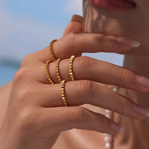 Stackable 18K gold plated stainless steel rings with geometric gear texture for women