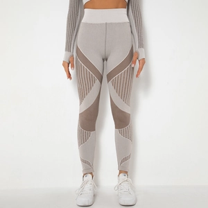 Nahtlose High Waist Yoga-Leggings mit grauen Mesh-Einsätzen und Crop-Top-Set