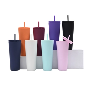 Large capacity double-wall plastic tumblers with straws in eight assorted colors