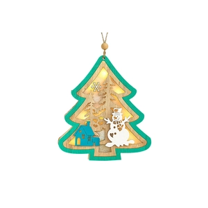 Lighted wooden Christmas tree ornament with snowman cutout and LED glow on white background