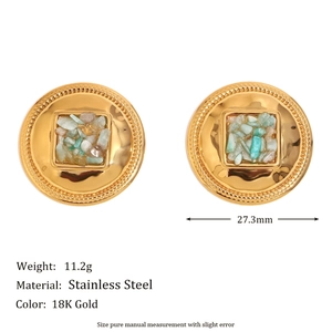 18K gold plated stainless steel geometric round stud earrings with green stone inlay