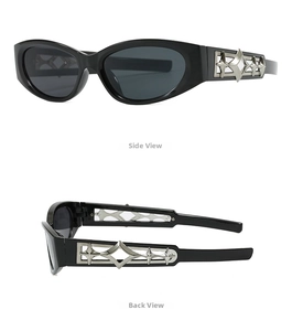 Detail view of black Y2K sunglasses with silver hollow-out metal star side decorations