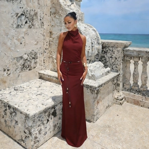 Elegant burgundy halter neck satin maxi dress with backless design for evening parties