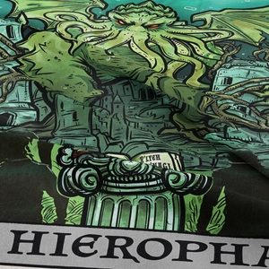 Bohemian Cthulhu Hierophant tarot tapestry with intricate dark green printed fabric texture