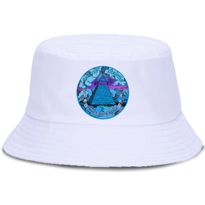 White cotton bucket hat for men and women featuring a colorful pyramid graphic design