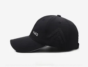 Detailed side view of black breathable baseball cap with metal FARD logo and laser-cut vents