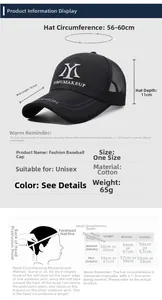 Size chart showing baseball cap dimensions with 10.5cm brim and mesh fabric details