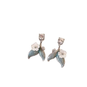 Vintage blue flower earrings with silver fishtail design and sparkling zircon stones
