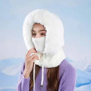Winter thermal knit hood for women with white faux fur trim and adjustable drawstring