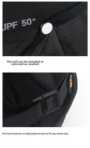 Close-up of quick-dry sun hat showing UPF 50+ rating and detachable face veil
