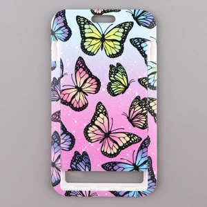 Detailed view of slide-cover card holder featuring a colorful butterfly and starry sky pattern