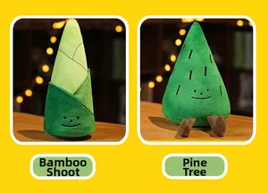 Detail of plush pine tree and bamboo shoot toys with soft fabric and embroidered faces
