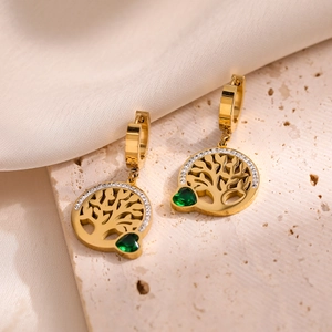 18K gold tree of life earrings with heart green gemstone and sparkling zircons