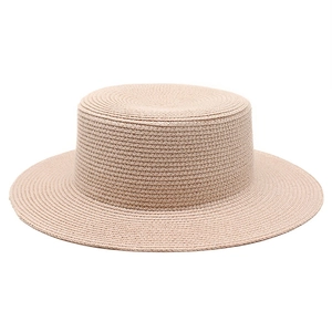 Detailed view of the fine woven texture on this natural beige straw boater hat for summer