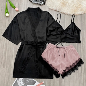Women Faux Satin Satin Pajama Robe Cami And Shorts Sexy Lace Trim Sleepwear Elegant Nightwear