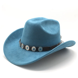 Detail of turquoise fedora with ethnic brown leather braided band and metal accents