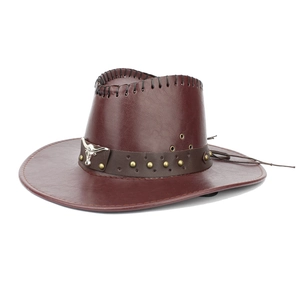 Western Cowboy Jazz Hut aus braunem PU-Leder mit Metall-Stierkopf und Nieten