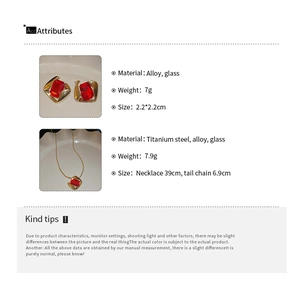 Detailed size and material specification chart for the red gemstone jewelry set