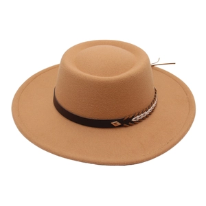 Autumn camel wide brim flat top felt hat with decorative leather band and metal badge
