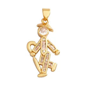 Detailed view of a gold-tone figurine pendant with zircon inlay and exact dimensions