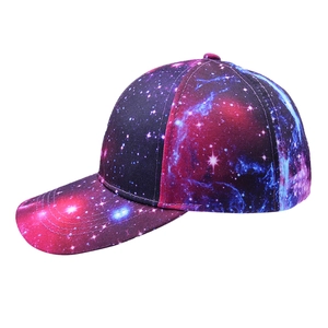 Detail view of the galaxy tie-dye baseball cap featuring purple and blue star patterns