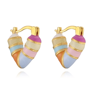Rainbow enamel heart hoop earrings in gold plating with colorful striped patterns